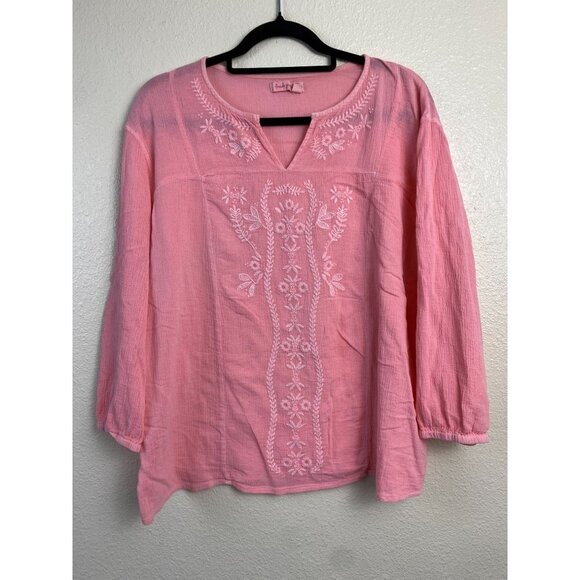 fresh produce Tops - Fresh Produce Blouse Womens size Large Pink Floral Embroidered Cotton vacation